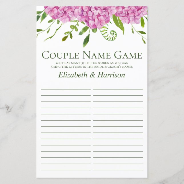 Papier Jeu de douche de nom de couple aux hortensias rose (Devant)