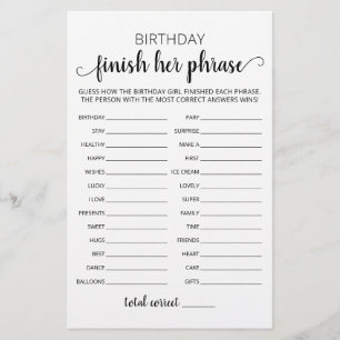 Papier Jeu de fête d'anniversaire Finir sa phrase