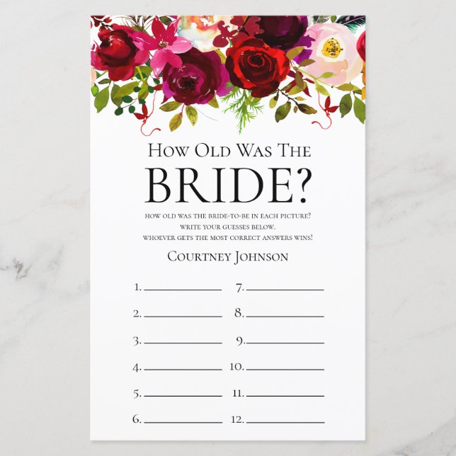 Papier Jeu de Fête de Mariage Floral de Bourgogne (Devant)