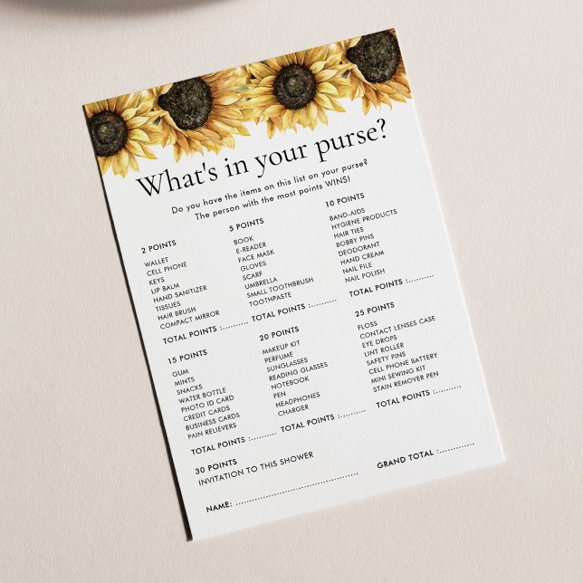 Papier Jeu de Fête des mariées de tournesol floral (Floral Sunflower Bridal Shower Games What's in her Purse Card)