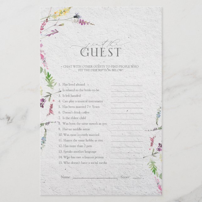 Papier Jeu de Fête des mariées fleur sauvage aquarelle (Devant)