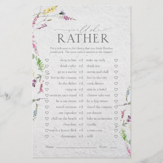 Papier Jeu de Fête des mariées fleur sauvage aquarelle (Devant)