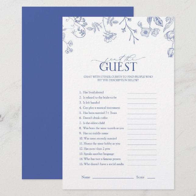 Papier Jeu de Fête des mariées Florale Bleu & Blanc Franç (Devant / Derrière)