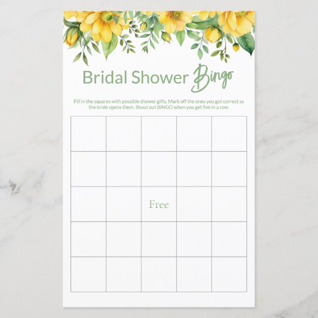 Papier Jeu de Fête des mariées Florale Jaune BINGO (Devant)