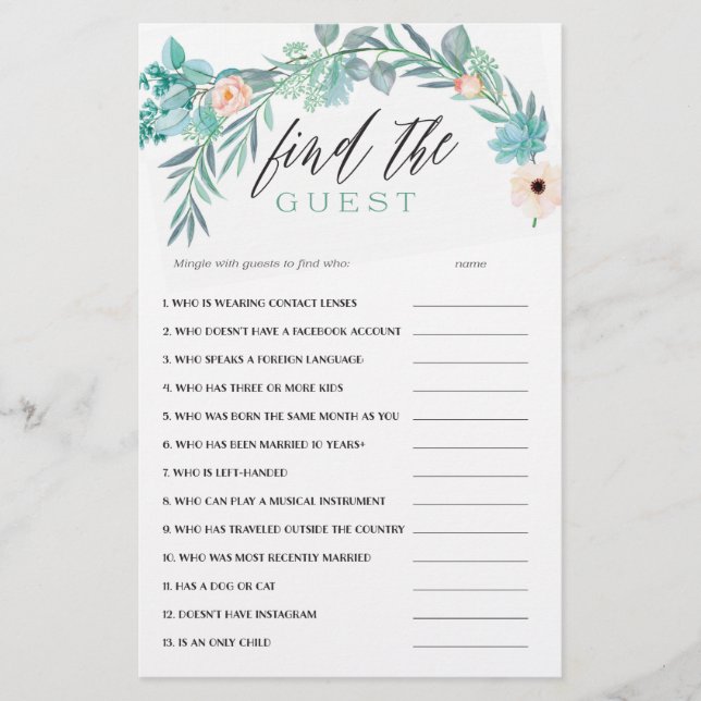 Papier Jeu de Fête des mariées florale Trouvez l'invité (Devant)