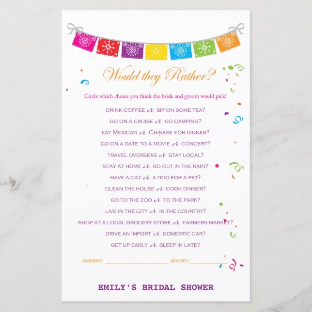 Papier Jeu de Fête des mariées mexicaine Fiesta IMPRIMÉ (Devant)