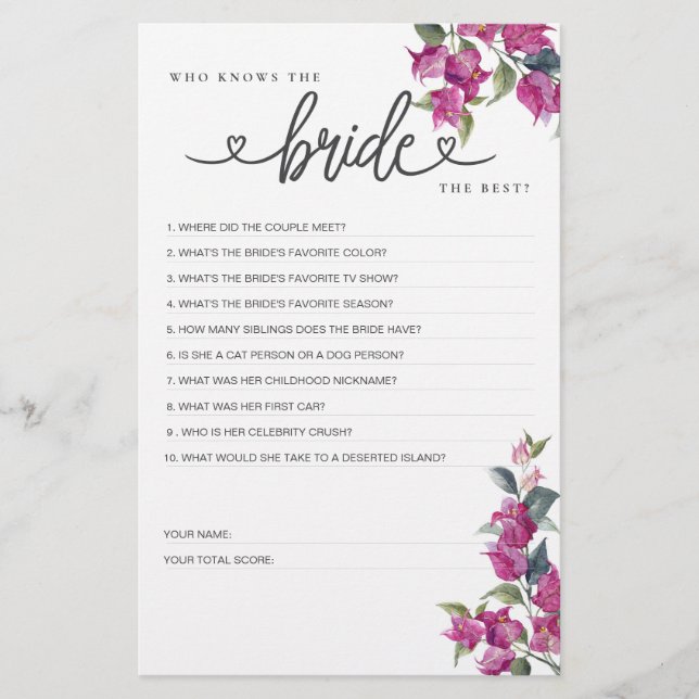 Papier Jeu de Fête des mariées Qui connaît la mariée la m (Devant)