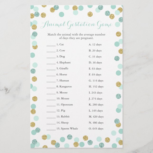 Papier Jeu de gestation animal de Baby shower de menthe e (Devant)