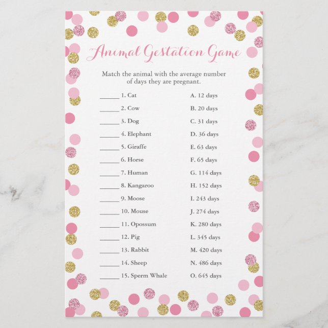 Papier Jeu de gestation animal de Baby shower rose et or (Devant)