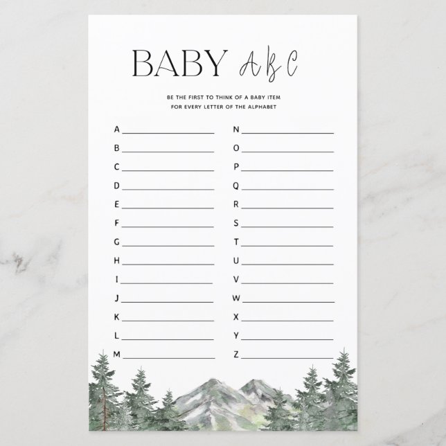 Papier Jeu de l'alphabet ABC pour Baby Shower en forêt de (Devant)