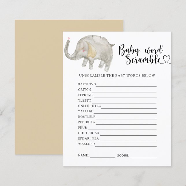 Papier Jeu de lettres : Éléphant - Bébé (Devant / Derrière)