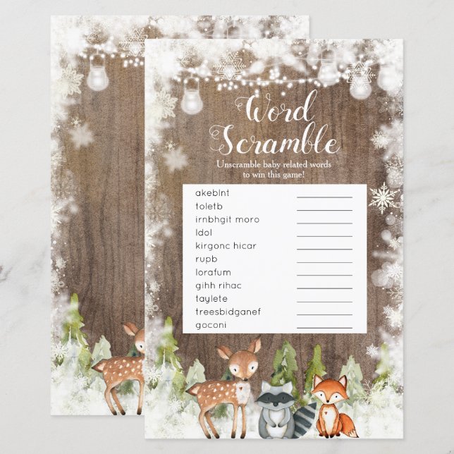 Papier Jeu de lettres mélées Animaux d'hiver Bois Flocons (Devant / Derrière)