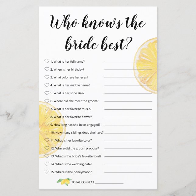 Papier Jeu de mariage au citron - Qui connaît le mieux la (Devant)