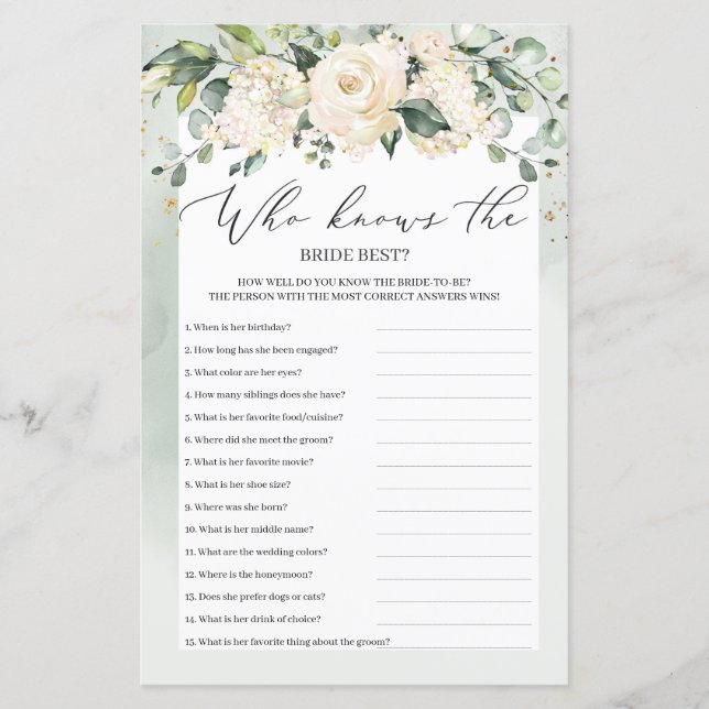 Papier Jeu de mariage Boho Greenery Qui connaît le mieux  (Devant)