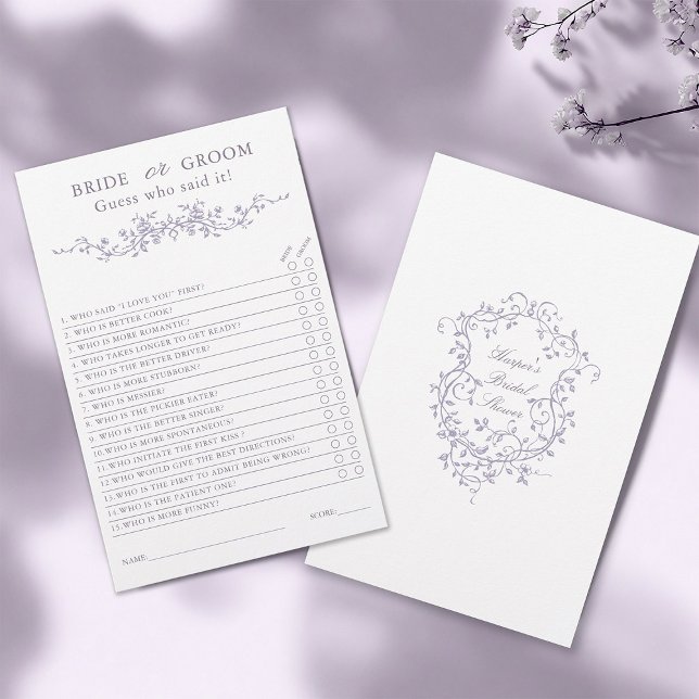 Papier Jeu de mariage 'Mariée ou Marié' au lavande frança (Front & Back)