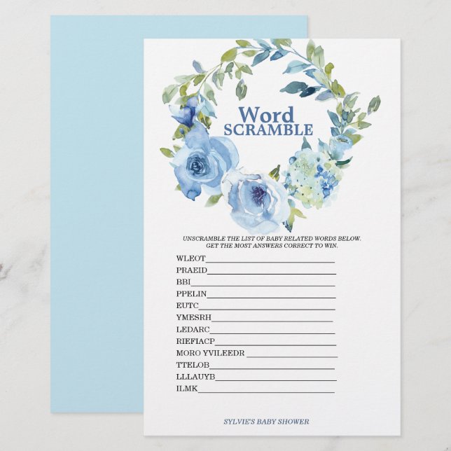 Papier Jeu de mots mêlés Baby Shower Garçon Bleu (Devant / Derrière)