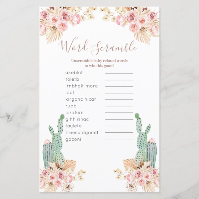 Papier Jeu de mots mêlés Boho Cactus Fleurs Roses (Devant)