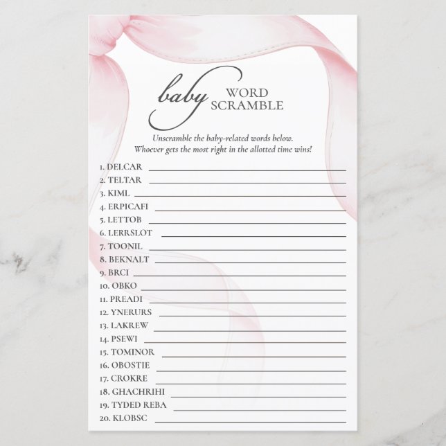 Papier Jeu de mots mêlés pour Baby Shower avec un nœud ro (Devant)