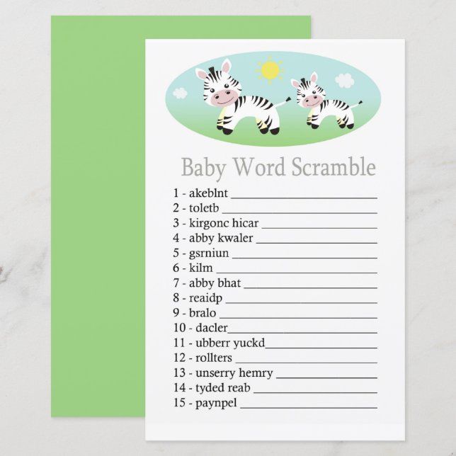 Papier jeu de mots mêlés Zebra Baby (Devant / Derrière)