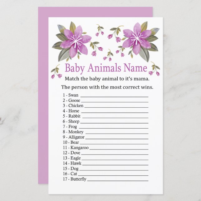 Papier Jeu de nom d'animaux bébé Fleurs violettes (Devant / Derrière)