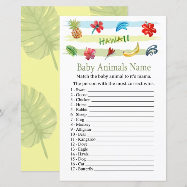 Papier Jeu de nom d'animaux bébé Hawaï (Devant / Derrière)