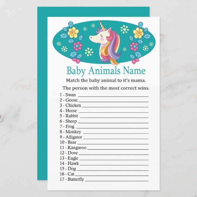 Papier Jeu de nom d'animaux bébé licorne (Devant / Derrière)