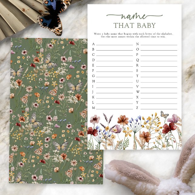 Papier Jeu de Noms de Bébé Bohème Vert (Sage Green Boho Floral Name That Baby Game Card with Butterfly by Painted Paperie
)