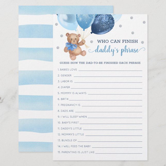 Papier Jeu de phrases de Papa Baby Shower Teddy Bear  (Devant / Derrière)