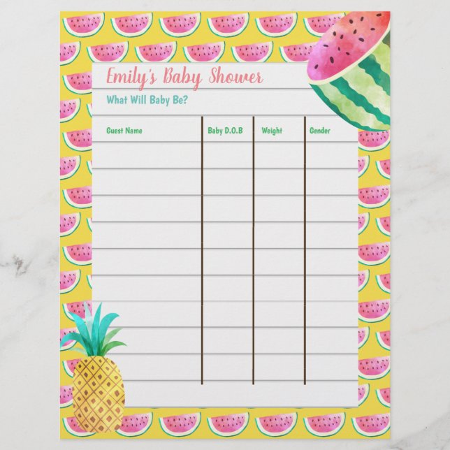 Papier Jeu de prédiction de baby shower - Fruity Tropical (Devant)