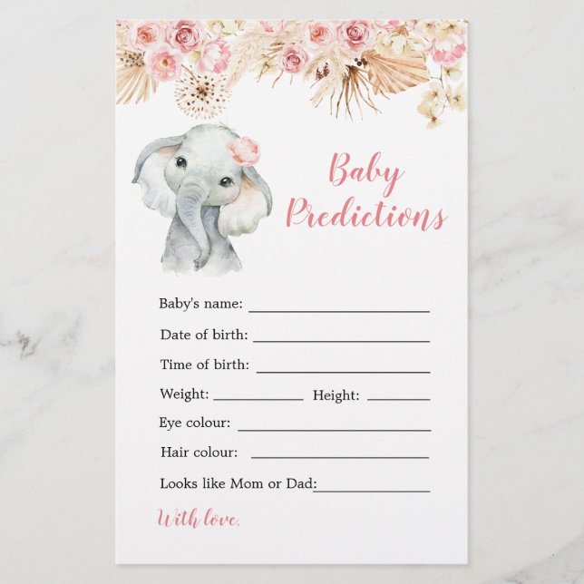 Papier Jeu de prédiction de bébé rose Boho Elephant Girl  (Devant)