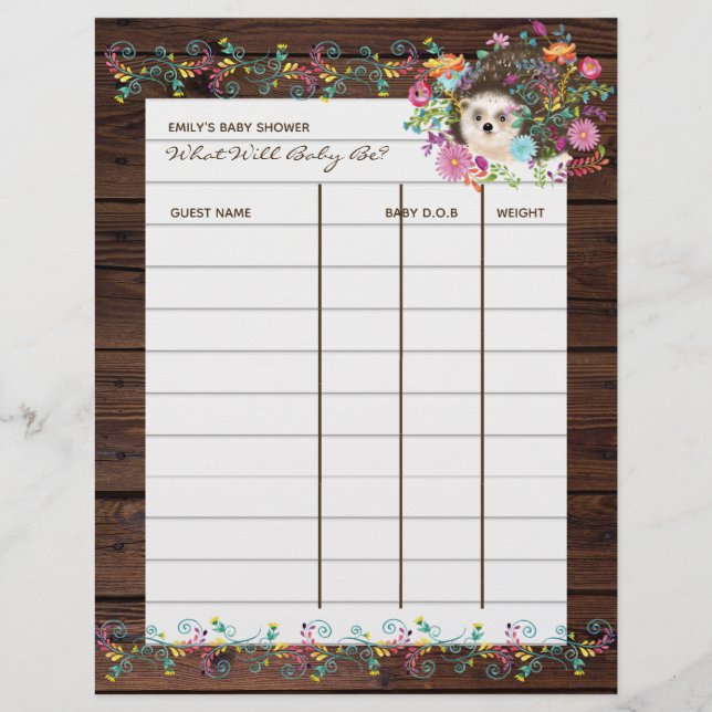 Papier Jeu de prédiction pour Baby Shower - Fleurs de hér (Devant)