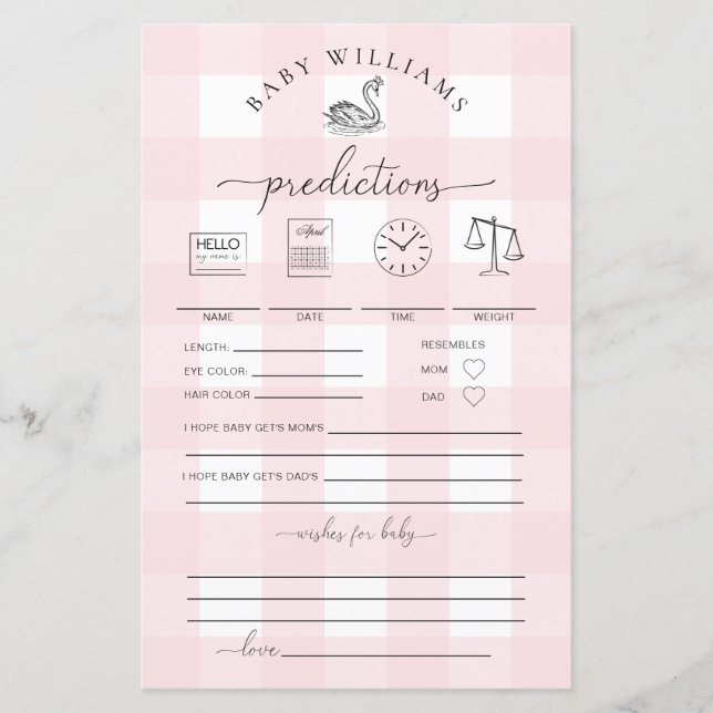 Papier Jeu de prédictions de bébé rose En vichy cygne (Devant)