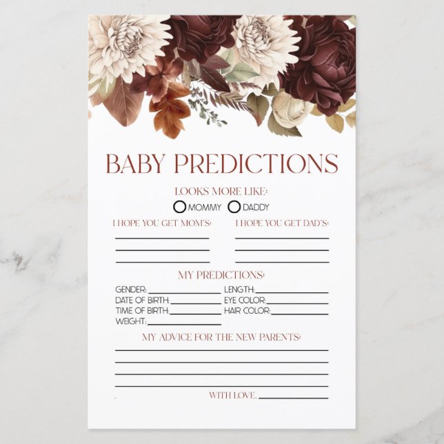 Papier Jeu de prédictions du Baby shower floral de Bourgo (Devant)