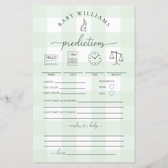 Papier Jeu de prédictions pour bébé lapin en vichy vert (Devant)