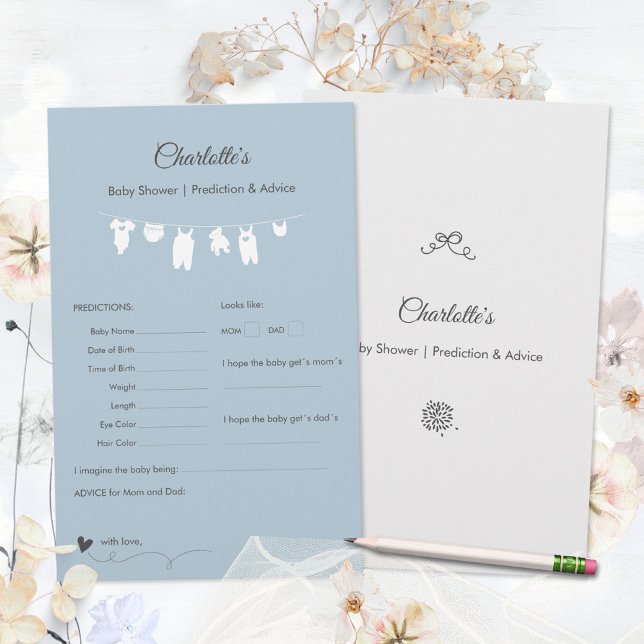 Papier Jeu de prédictions pour une baby shower minimalist (Dusty Blue Minimalist Baby Boy Shower Predictions Game ©Susanne Sachers - Sunny Mind 🌞)