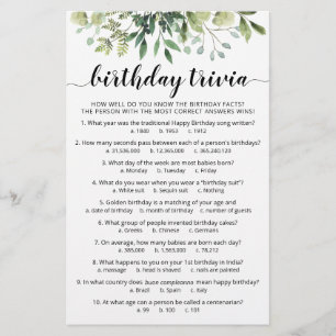 Papier Jeu de quiz d'anniversaire avec réponses Fête d'an