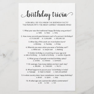 Papier Jeu de quiz d'anniversaire avec réponses Fête d'an
