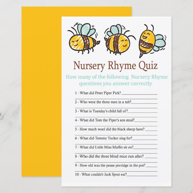 Papier Jeu de quiz de comptine de Bumble Bee pour baby sh (Devant / Derrière)