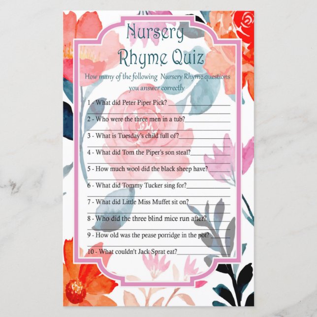 Papier Jeu de quiz de comptine de nurserie de fleurs oran (Devant)