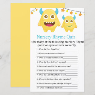 Papier Jeu de quiz de comptine pour bébé Monstre Jaune sh