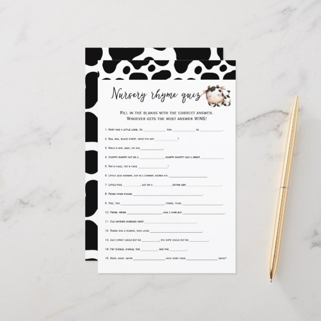 Papier jeu de quiz de comptines de vache pour baby shower (Devant/Arrière en situation)
