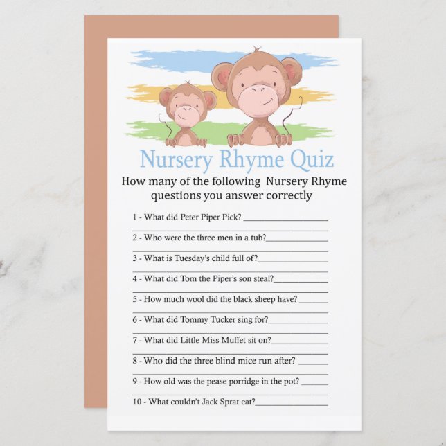 Papier Jeu de quiz de comptines pour bébé singe baby show (Devant / Derrière)