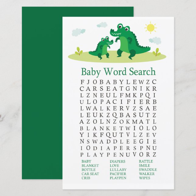 Papier Jeu de recherche Baby shower de mot d'alligator mû (Devant / Derrière)
