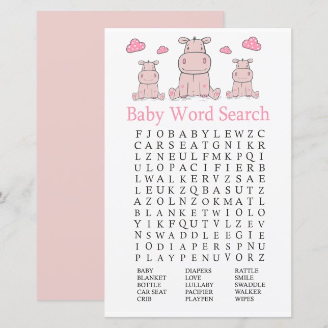 Papier Jeu de recherche Baby shower de mot Hippo rose (Devant / Derrière)