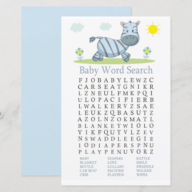 Papier Jeu de recherche Baby shower de mots Zebra (Devant / Derrière)