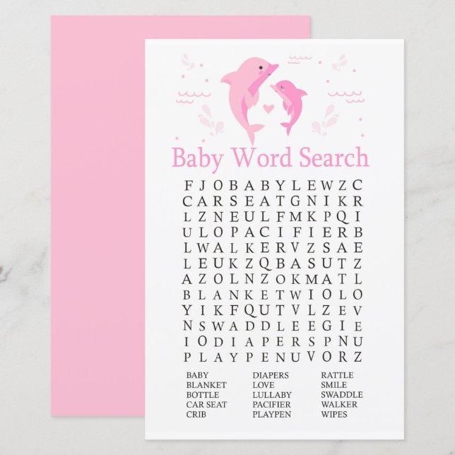 Papier Jeu de recherche de Baby shower de mot rose dauphi (Devant / Derrière)