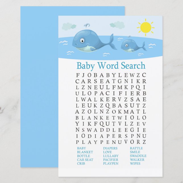 Papier Jeu de recherche de Baby showers de baleines (Devant / Derrière)