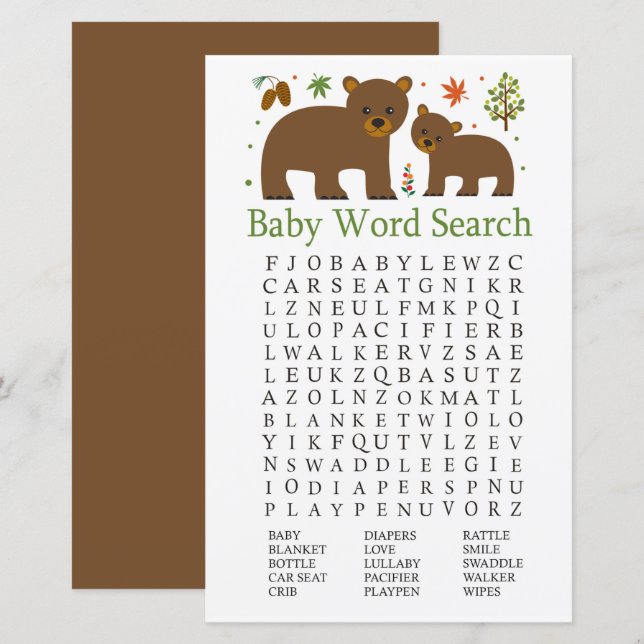 Papier Jeu de recherche de mot Baby shower d'ours (Devant / Derrière)