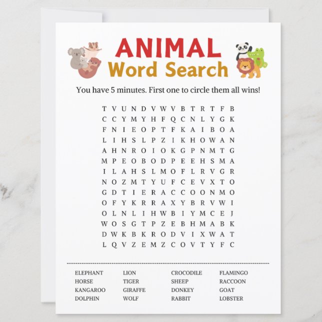Papier Jeu de recherche de mots animaux (Devant)