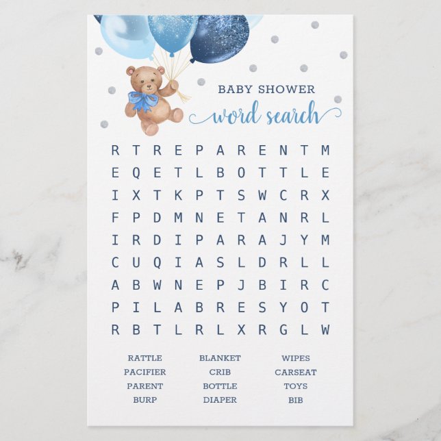 Papier Jeu de Recherche de Mots Baby Shower Teddy Bear  (Devant)